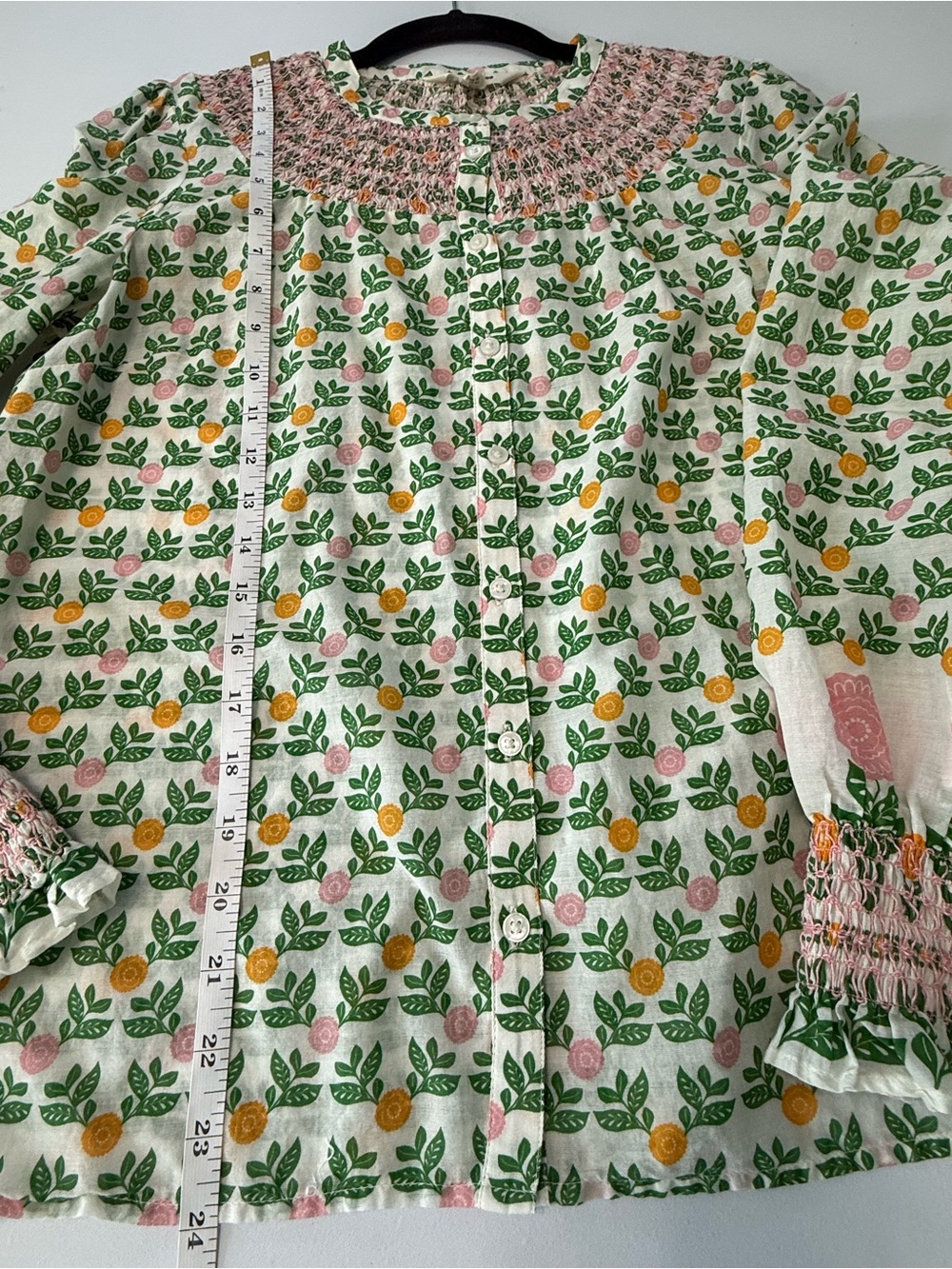 Boden Effie Smocked Split V-Neck Floral Top Long Sleeve Boho Green Pink Size 8 - Picture 11 of 14
